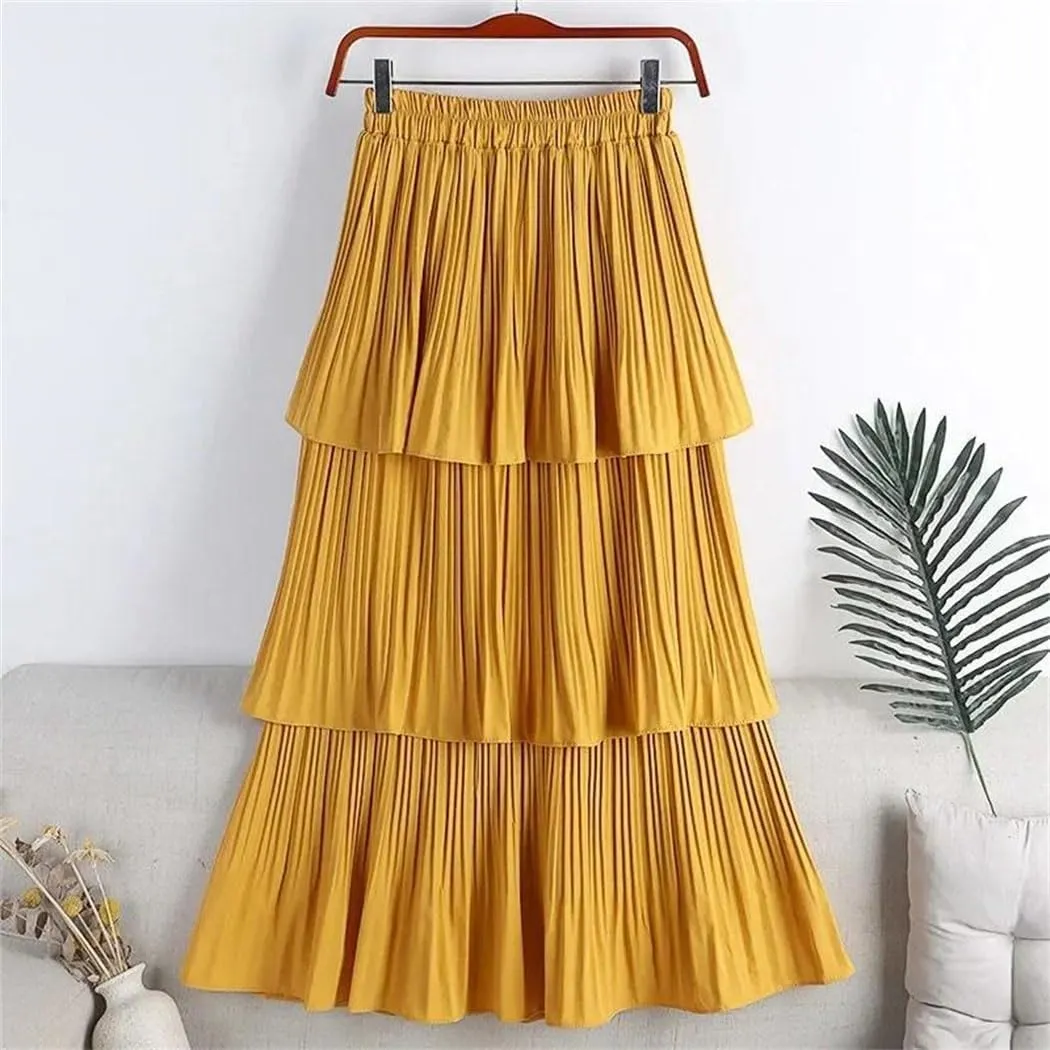 Women Summer Tiered Maxi Tulle Skirt Elegant High Waist Puffy Ruffled Pleated Mesh Long Skirt