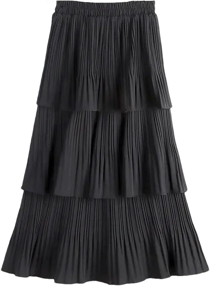 Women Summer Tiered Maxi Tulle Skirt Elegant High Waist Puffy Ruffled Pleated Mesh Long Skirt