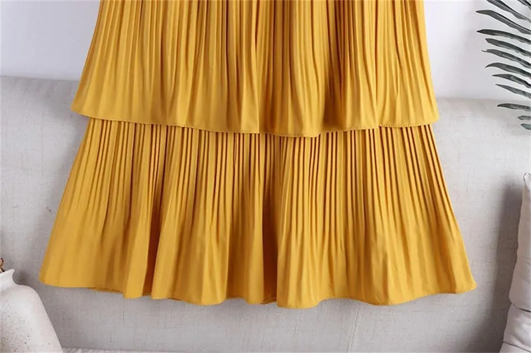 Women Summer Tiered Maxi Tulle Skirt Elegant High Waist Puffy Ruffled Pleated Mesh Long Skirt