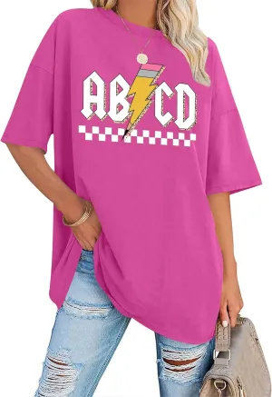 Women Teacher Shirts: ABCD Graphic Teacher Tshirt Oversized Teacher Gift Tees Teach Short Sleeve Tops