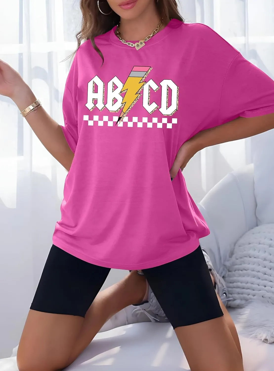 Women Teacher Shirts: ABCD Graphic Teacher Tshirt Oversized Teacher Gift Tees Teach Short Sleeve Tops