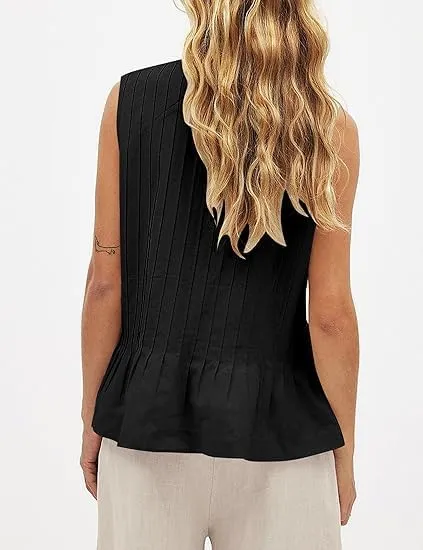 Women Tie Front Peplum Tank Top Sleeveless V Neck Y2K Babydoll Blouse Boho Pleated Ruched Flared Flowy Shirts