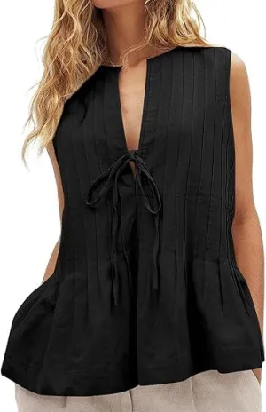 Women Tie Front Peplum Tank Top Sleeveless V Neck Y2K Babydoll Blouse Boho Pleated Ruched Flared Flowy Shirts