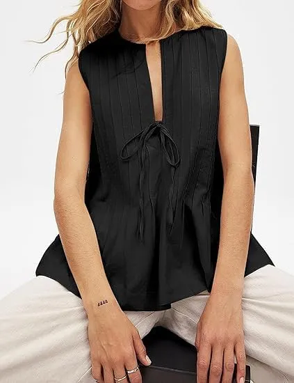 Women Tie Front Peplum Tank Top Sleeveless V Neck Y2K Babydoll Blouse Boho Pleated Ruched Flared Flowy Shirts