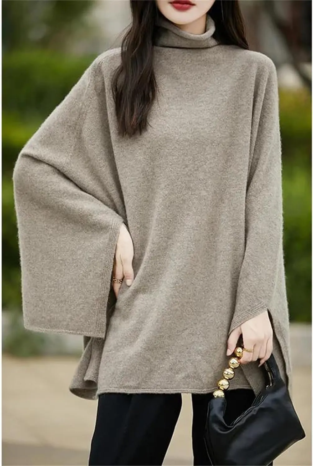 Women Turtleneck Shawl Long Sleeve 100% Wool Oversized Sweaters Winter Cable Knit Sweater