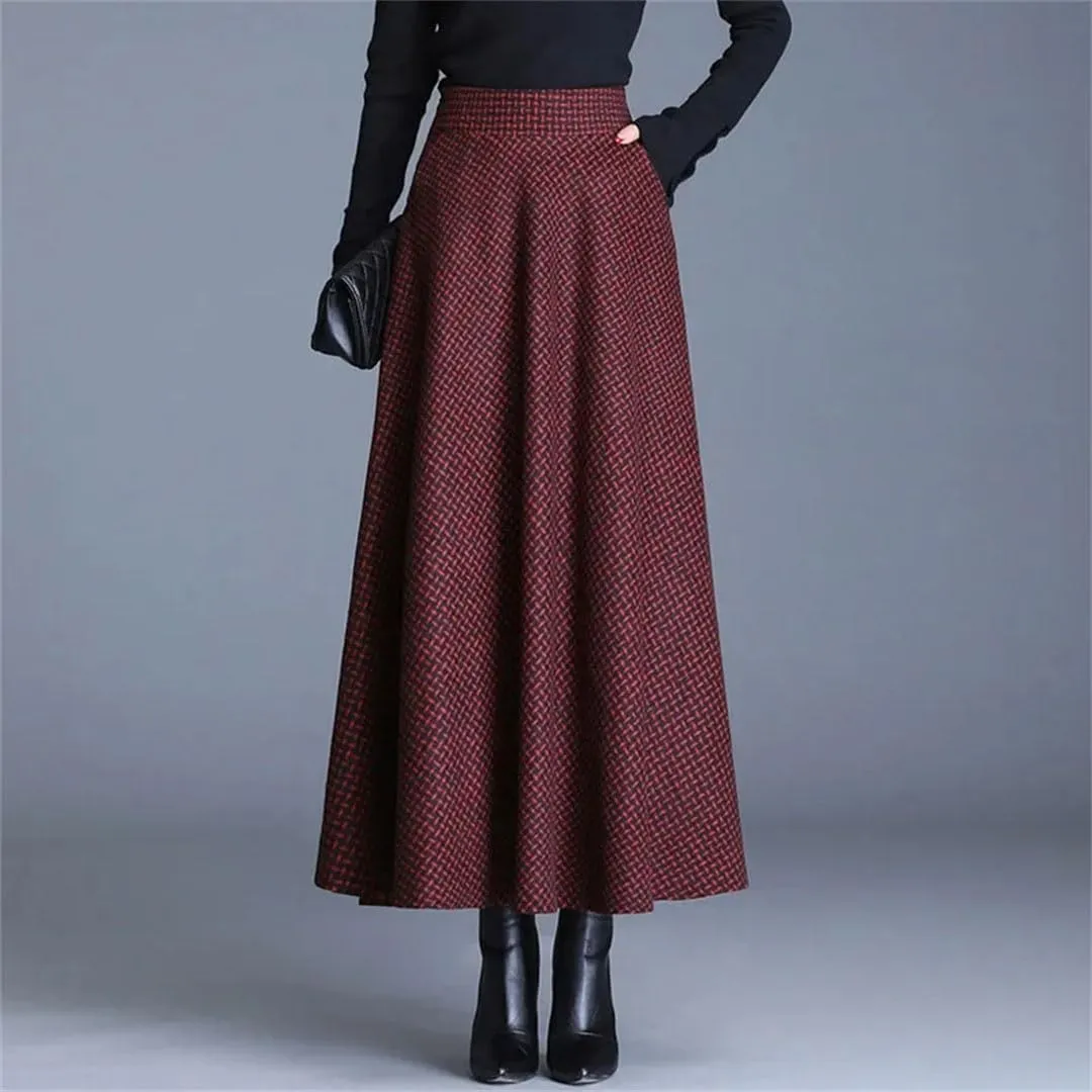 Women Vintage Plaid Woolen Skirts High Waist Warm A-Line Pleated Skirt Fashion Office Maxi Skirt