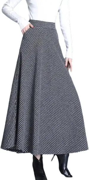 Women Vintage Plaid Woolen Skirts High Waist Warm A-Line Pleated Skirt Fashion Office Maxi Skirt