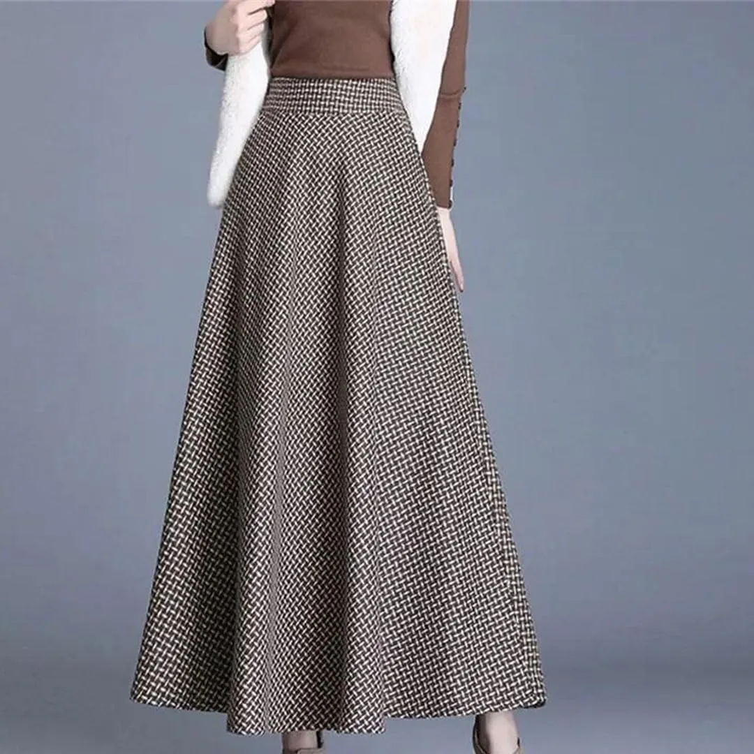 Women Vintage Plaid Woolen Skirts High Waist Warm A-Line Pleated Skirt Fashion Office Maxi Skirt