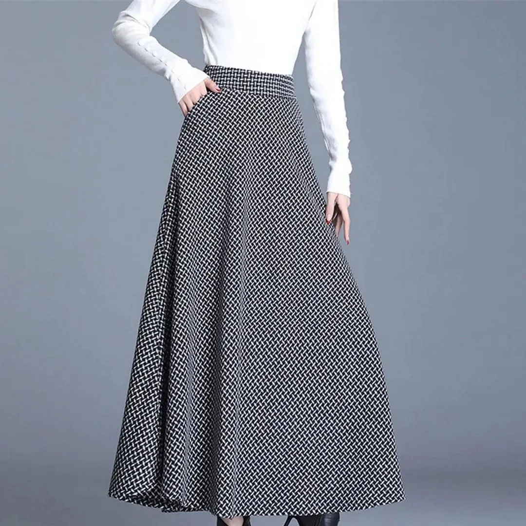 Women Vintage Plaid Woolen Skirts High Waist Warm A-Line Pleated Skirt Fashion Office Maxi Skirt
