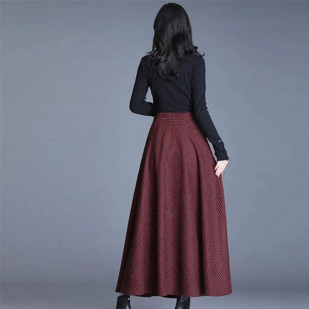 Women Vintage Plaid Woolen Skirts High Waist Warm A-Line Pleated Skirt Fashion Office Maxi Skirt