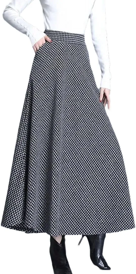 Women Vintage Plaid Woolen Skirts High Waist Warm A-Line Pleated Skirt Fashion Office Maxi Skirt
