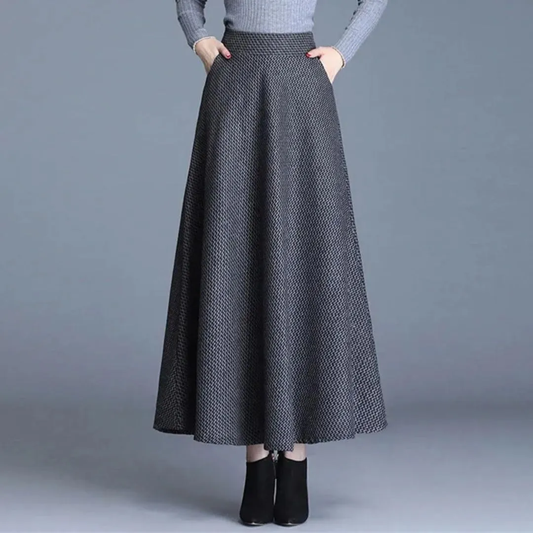 Women Vintage Plaid Woolen Skirts High Waist Warm A-Line Pleated Skirt Fashion Office Maxi Skirt