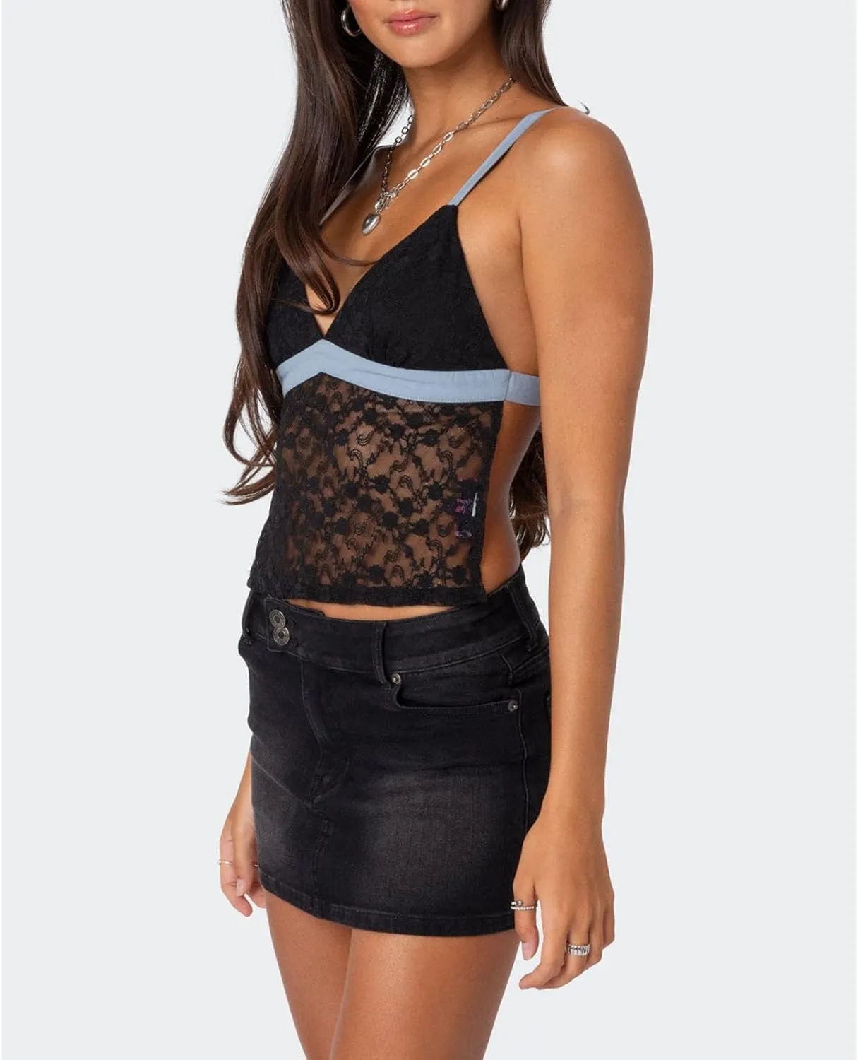 Women Y2k Lace Camisole Spaghetti Strap V Neck See Through Crop Tops Mesh Sheer Open Back Tie Up Tank Top