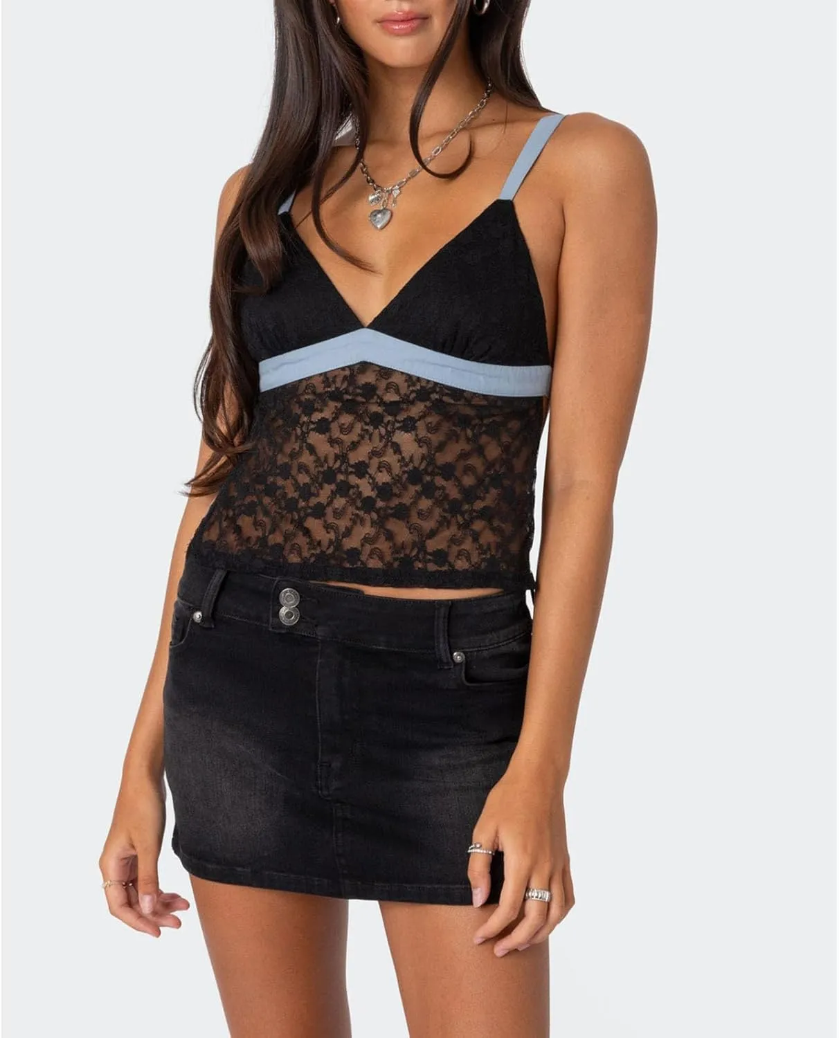 Women Y2k Lace Camisole Spaghetti Strap V Neck See Through Crop Tops Mesh Sheer Open Back Tie Up Tank Top