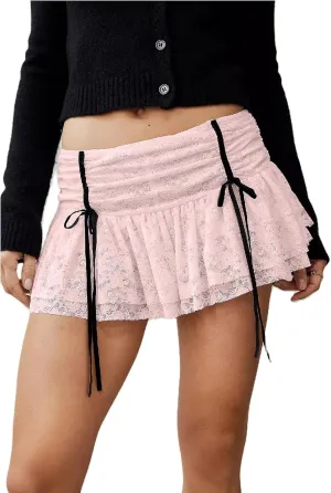 Women Y2k Lace Mini Skirt Sexy Tiered Flowy Ruffle Half Slip Skirt Low Rise Layered Pleated Short Skirt Underskirt