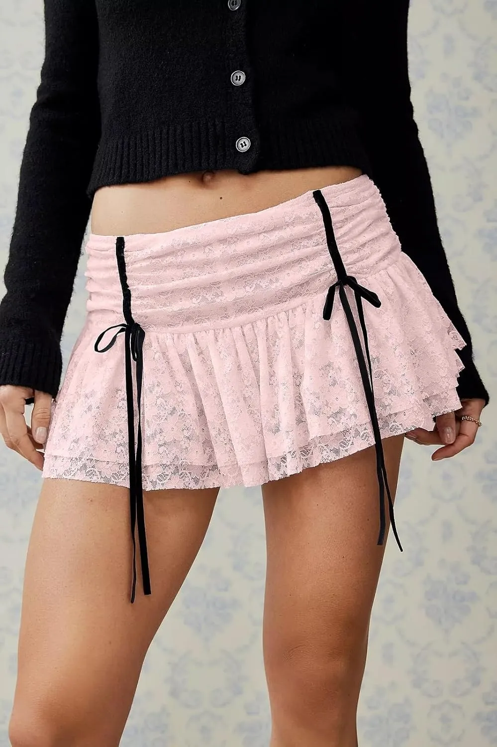 Women Y2k Lace Mini Skirt Sexy Tiered Flowy Ruffle Half Slip Skirt Low Rise Layered Pleated Short Skirt Underskirt