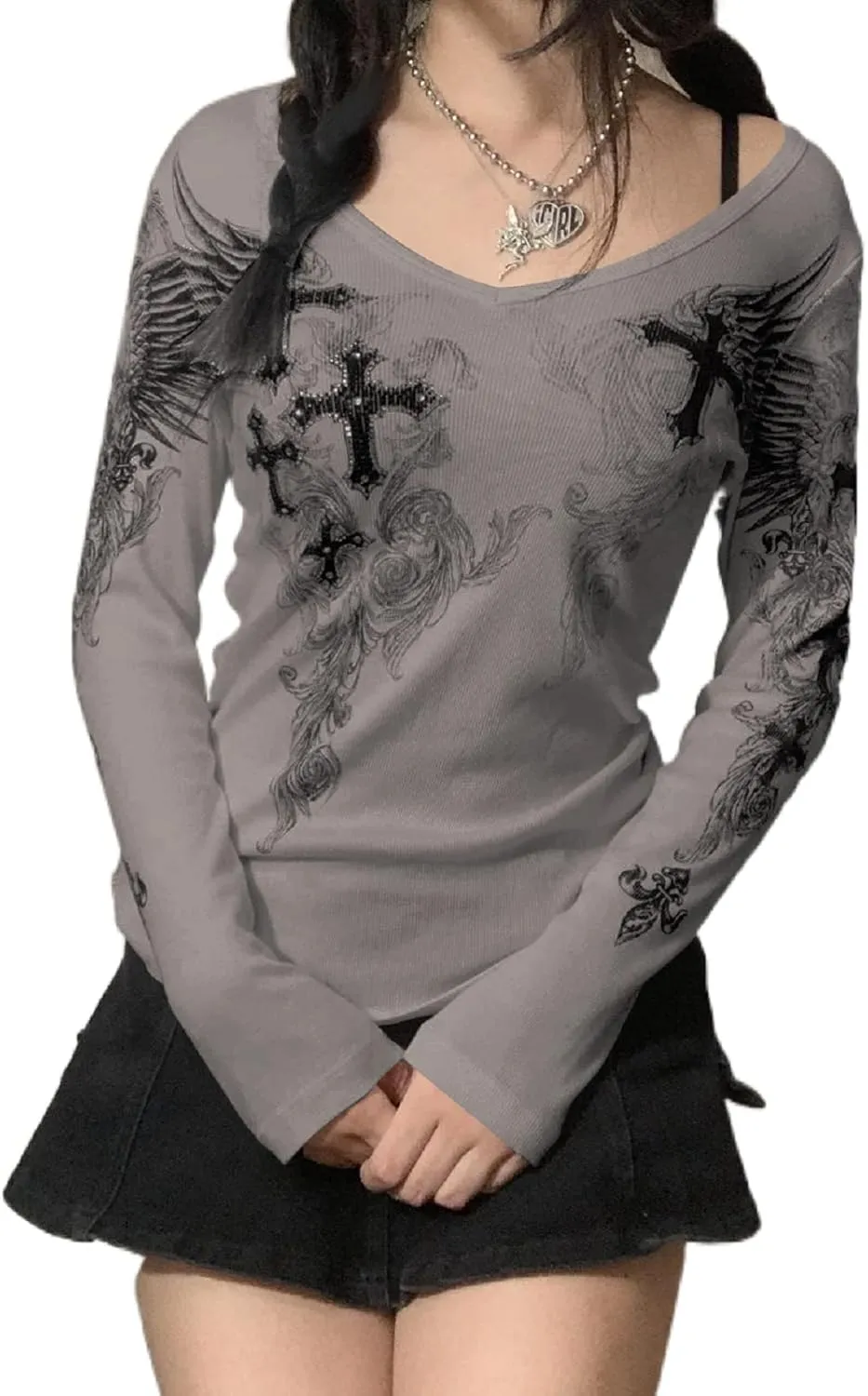 Women Y2K Long Sleeve Top Tee Sexy Patchwork Square Collar Black Basic Slim Fit Blouse Tops Streewear