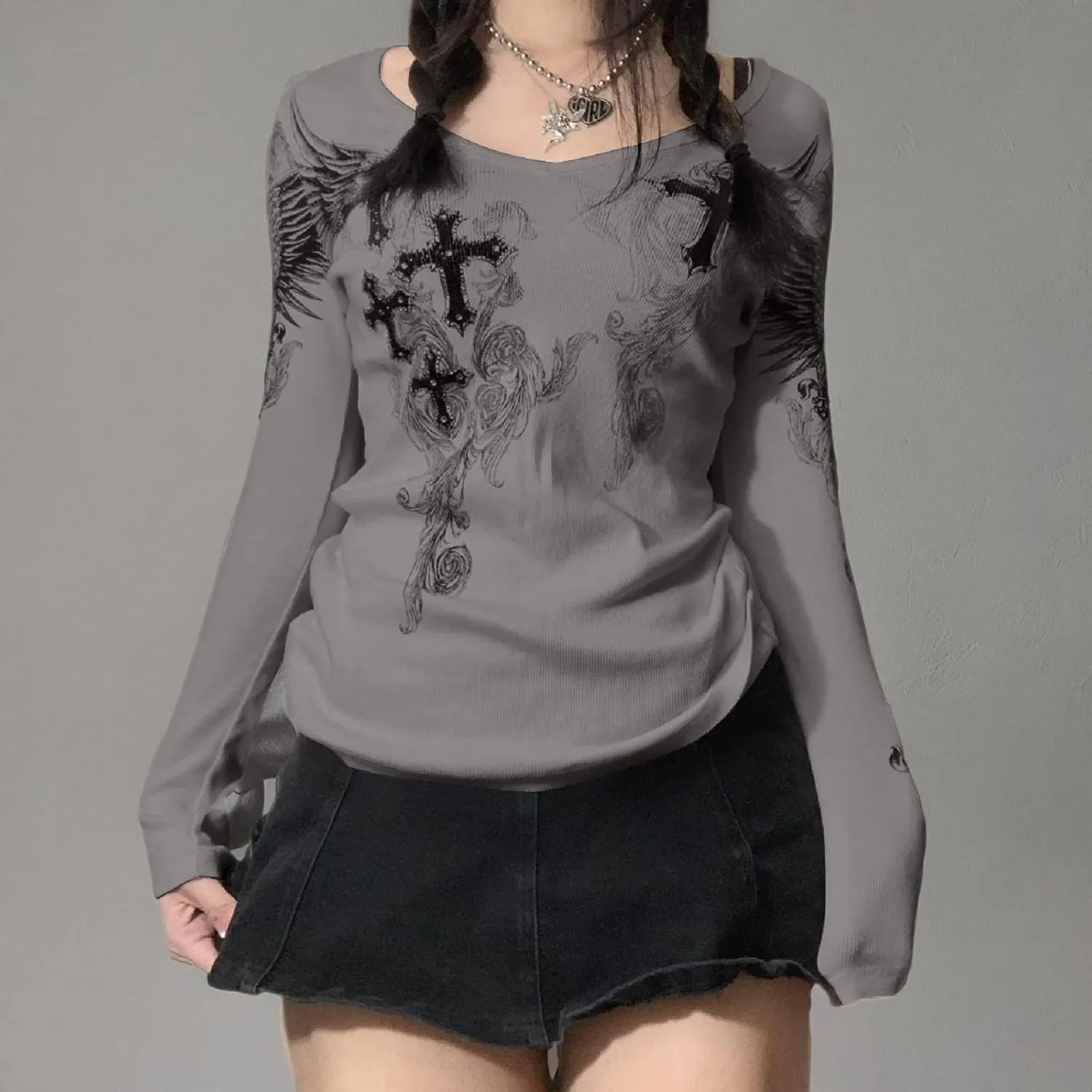 Women Y2K Long Sleeve Top Tee Sexy Patchwork Square Collar Black Basic Slim Fit Blouse Tops Streewear