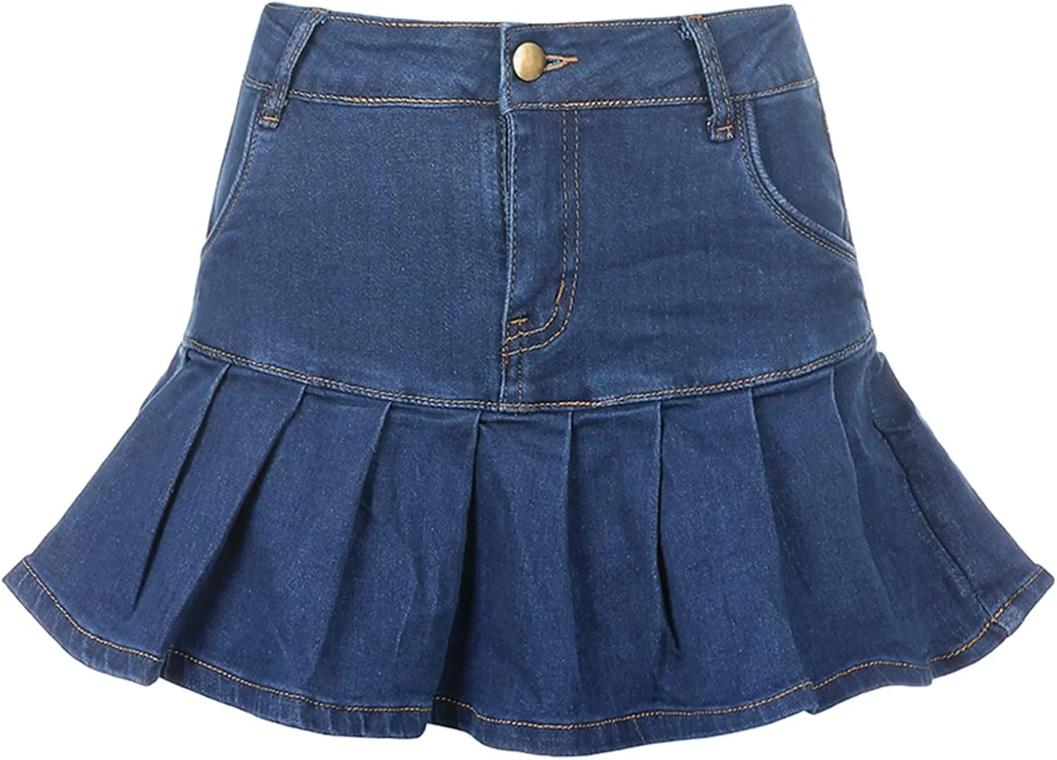 Women Y2K Pleated Jean Skirt Casual Low Waist Ruffle A Line Flare Denim Mini Skirt Summer Going Out Streetwear