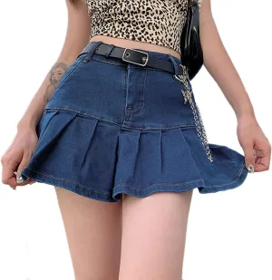 Women Y2K Pleated Jean Skirt Casual Low Waist Ruffle A Line Flare Denim Mini Skirt Summer Going Out Streetwear