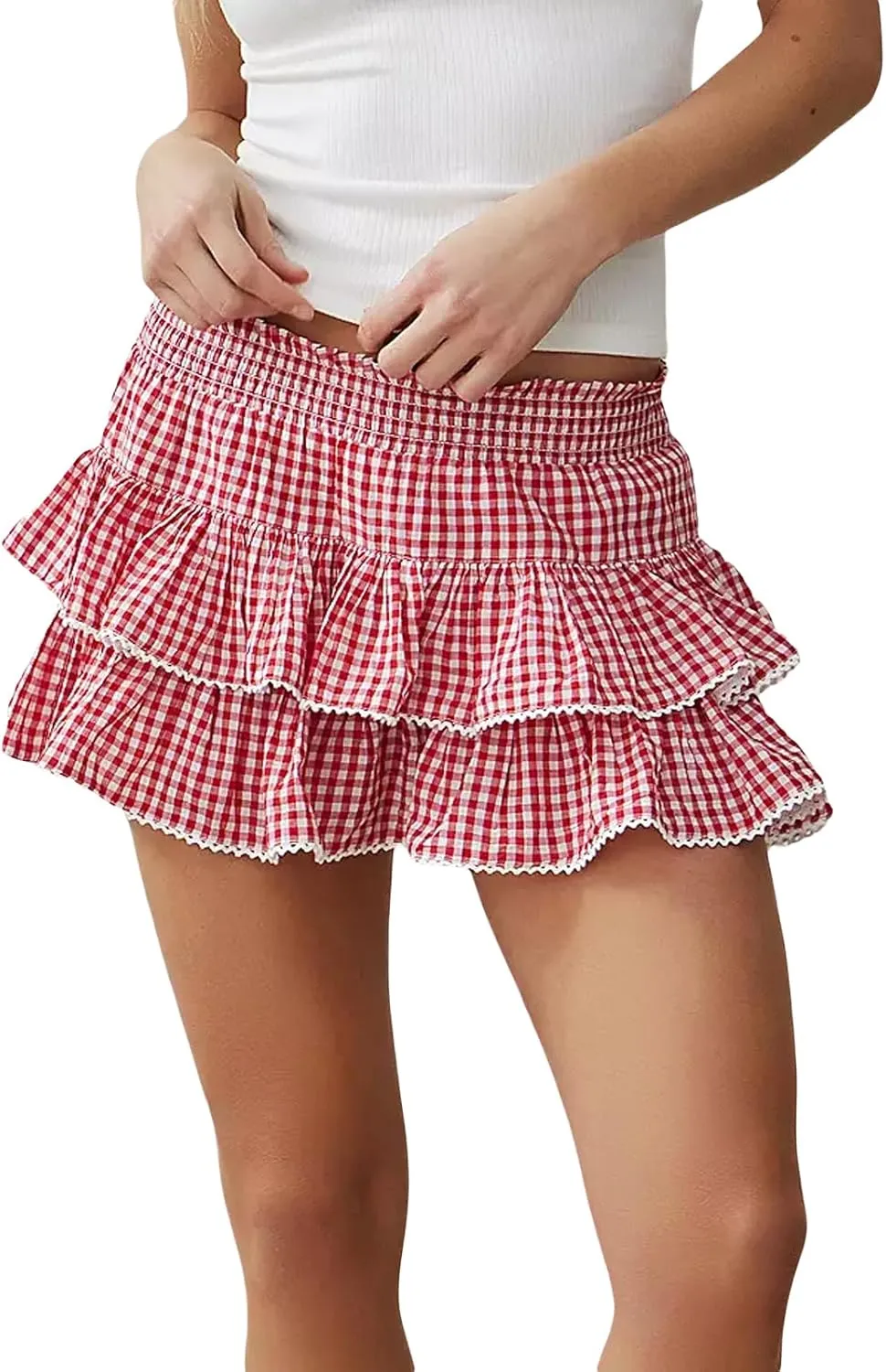 Women Y2K Ruffle Layered Mini Skirts Flowy Pleated Tiered Short Skirt Cute Gingham A Line Cake Skirt for Teen Girls