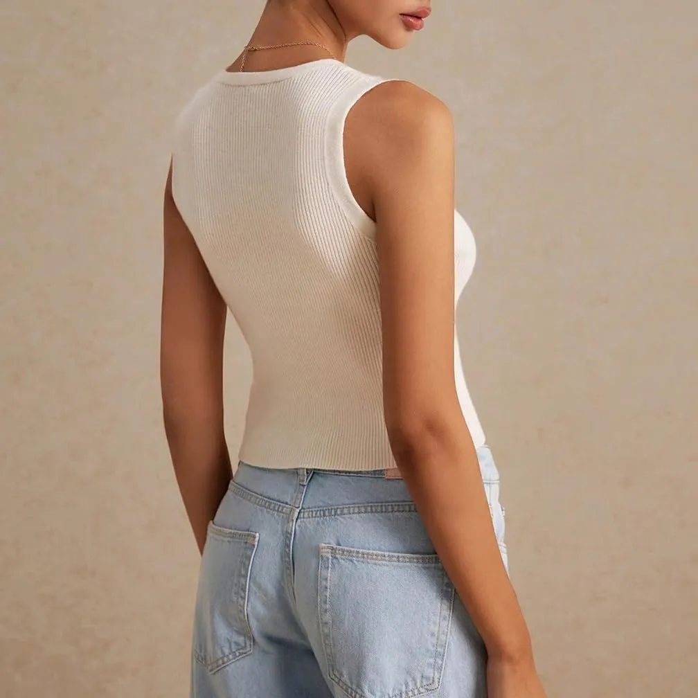 Women Y2k V Neck Button Down Knit Crop Tanks Casual Slim Fit Sleeveless Open Front Rib Knit Going Out Top Vests