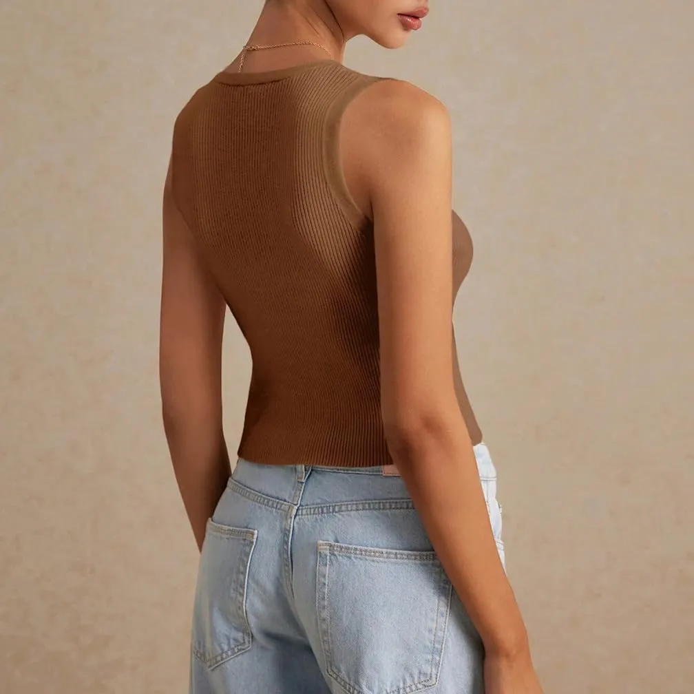 Women Y2k V Neck Button Down Knit Crop Tanks Casual Slim Fit Sleeveless Open Front Rib Knit Going Out Top Vests