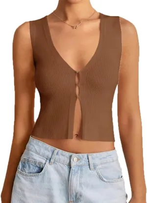 Women Y2k V Neck Button Down Knit Crop Tanks Casual Slim Fit Sleeveless Open Front Rib Knit Going Out Top Vests