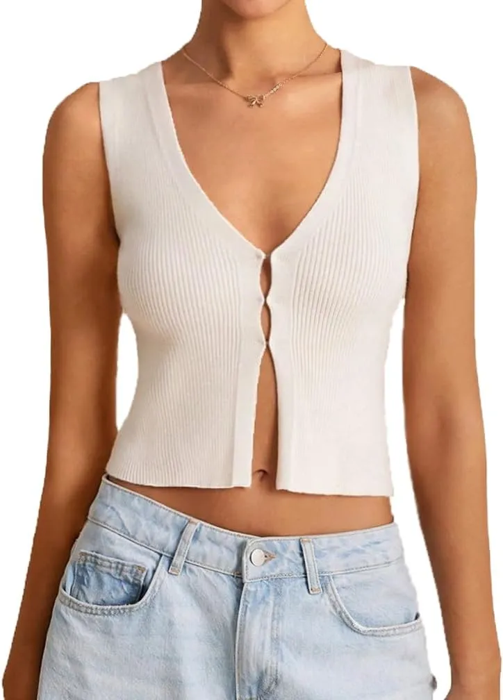 Women Y2k V Neck Button Down Knit Crop Tanks Casual Slim Fit Sleeveless Open Front Rib Knit Going Out Top Vests