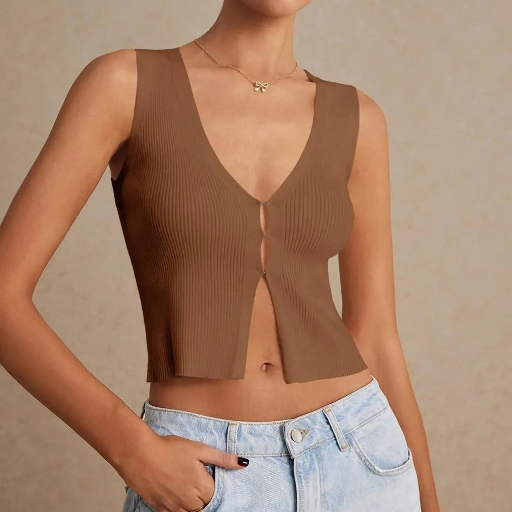 Women Y2k V Neck Button Down Knit Crop Tanks Casual Slim Fit Sleeveless Open Front Rib Knit Going Out Top Vests