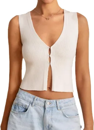 Women Y2k V Neck Button Down Knit Crop Tanks Casual Slim Fit Sleeveless Open Front Rib Knit Going Out Top Vests