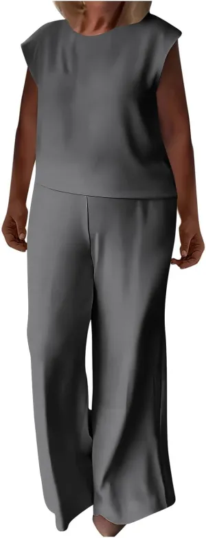 Women's 2 Piece Lounge Sets Summer Travel Airplane Outfits Cap Sleeve Tank Top and Wide Leg Sweat Pants Sweatsuits