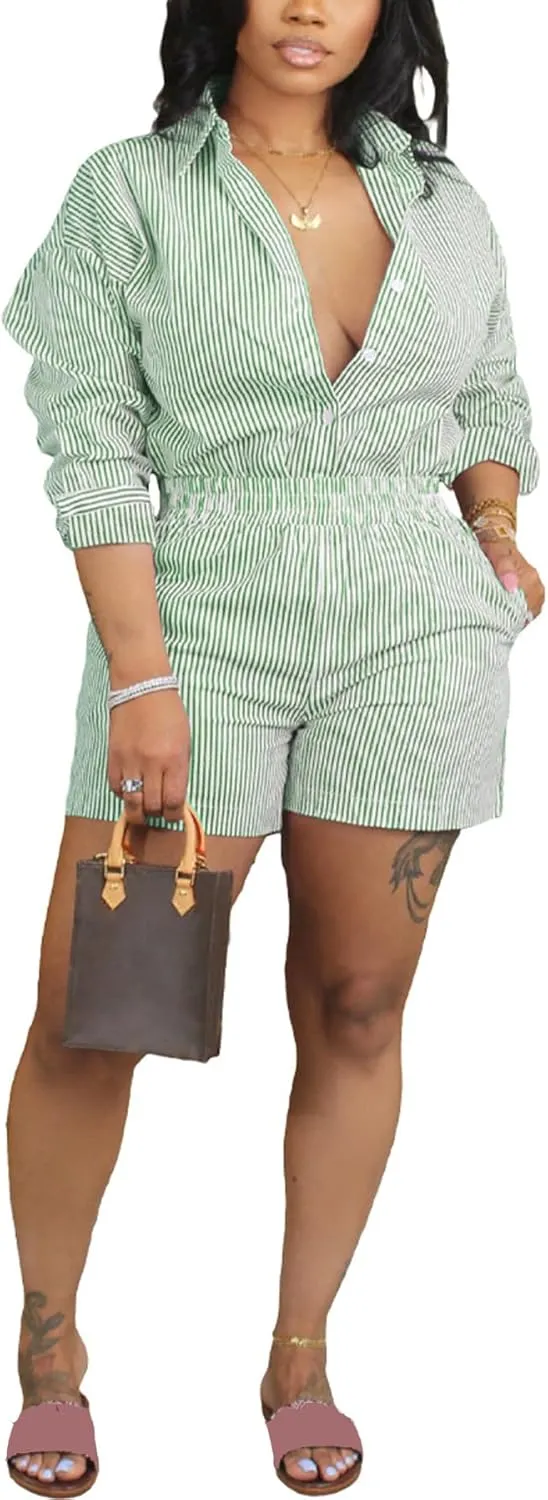 Women's 2 Piece Striped Outfits Long Sleeve Button Down Shirt and Shorts Set Lounge Matching Sets 2024 Summer