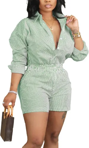 Women's 2 Piece Striped Outfits Long Sleeve Button Down Shirt and Shorts Set Lounge Matching Sets 2024 Summer