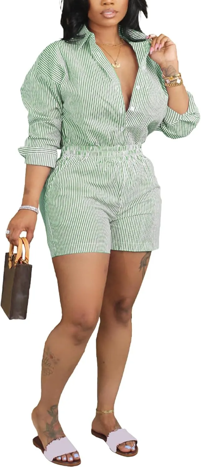 Women's 2 Piece Striped Outfits Long Sleeve Button Down Shirt and Shorts Set Lounge Matching Sets 2024 Summer