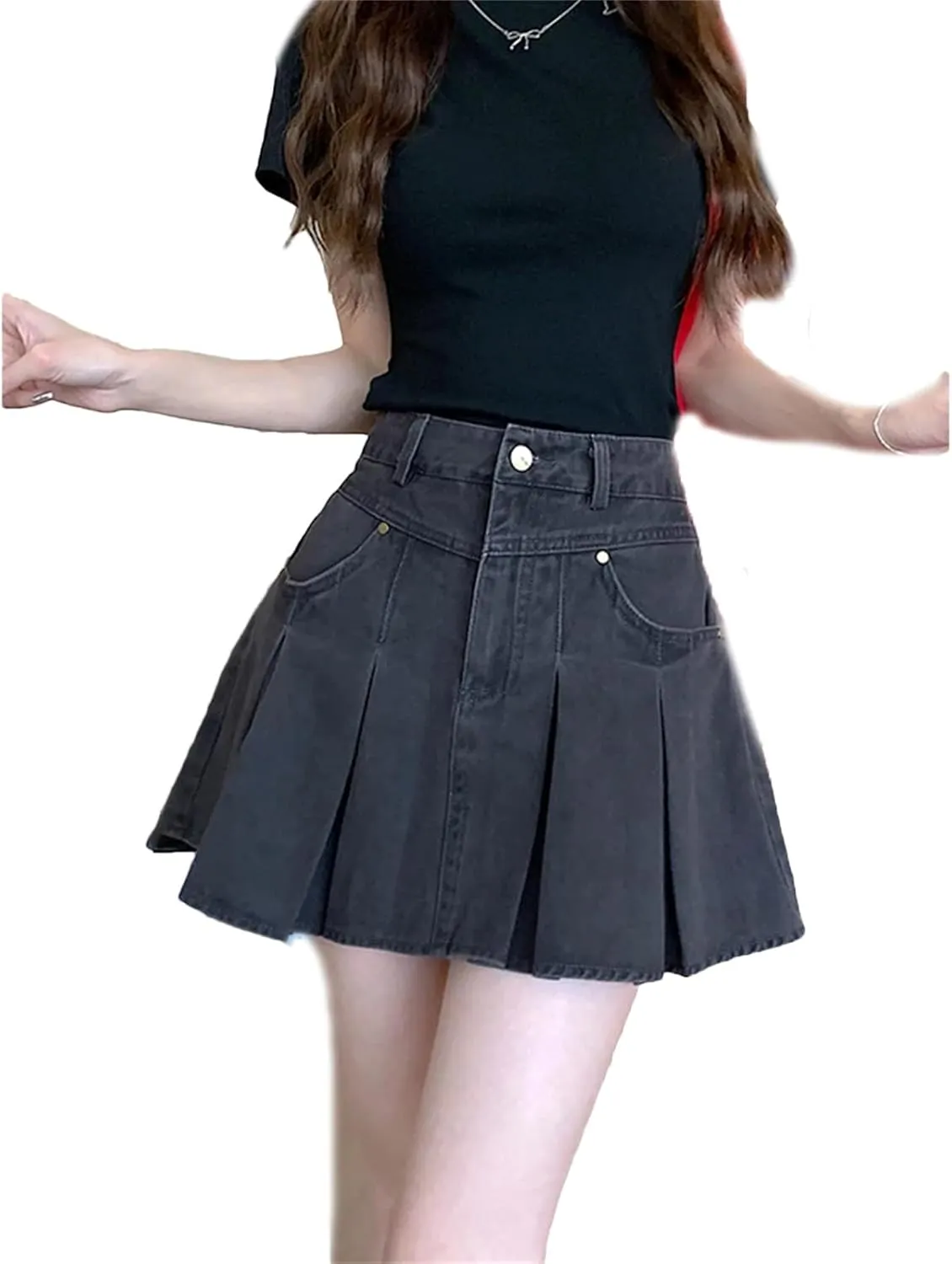Women's A-Line Pleated Denim Skirt Vintage Mini Cowboy Skirts
