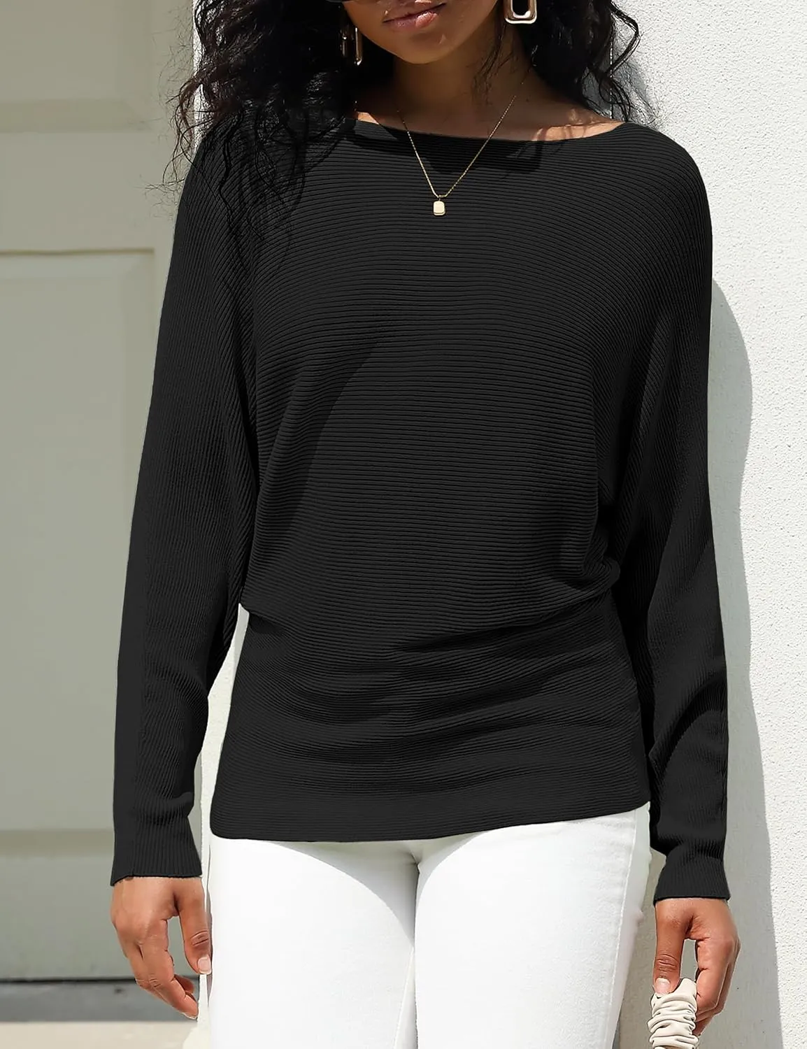 Women's Boat Neck Bat Sleeve Dolman Ribbed Knit Sweater Pullover Top