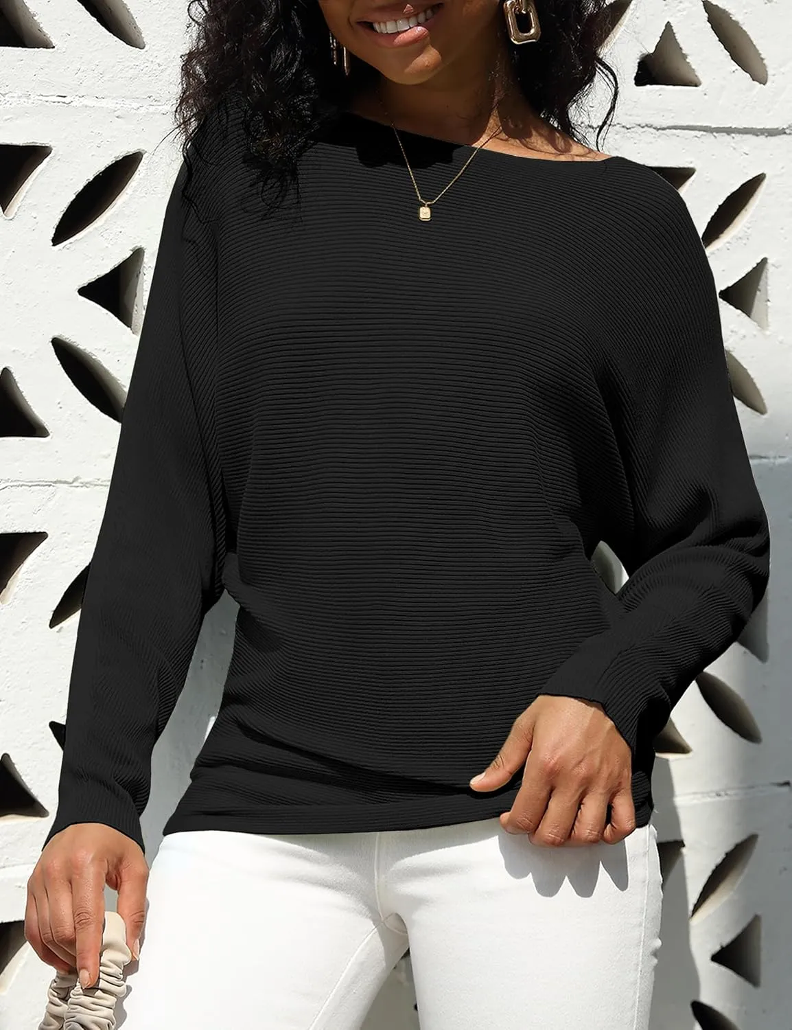 Women's Boat Neck Bat Sleeve Dolman Ribbed Knit Sweater Pullover Top