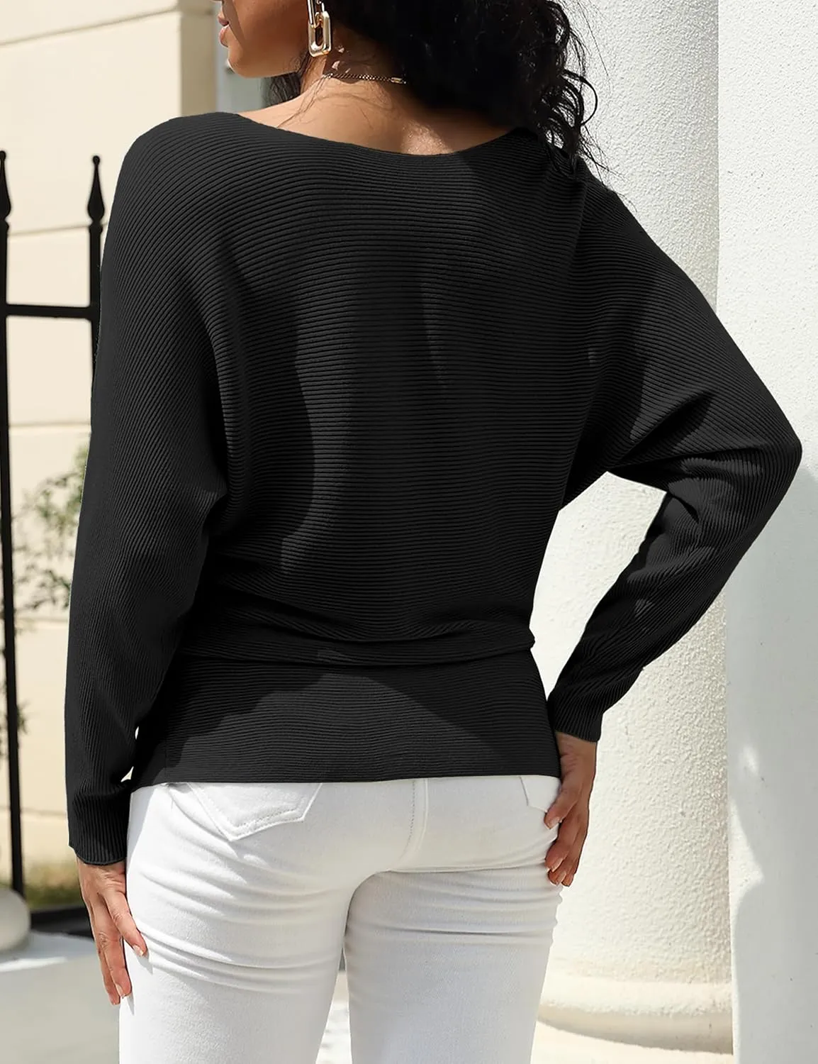 Women's Boat Neck Bat Sleeve Dolman Ribbed Knit Sweater Pullover Top