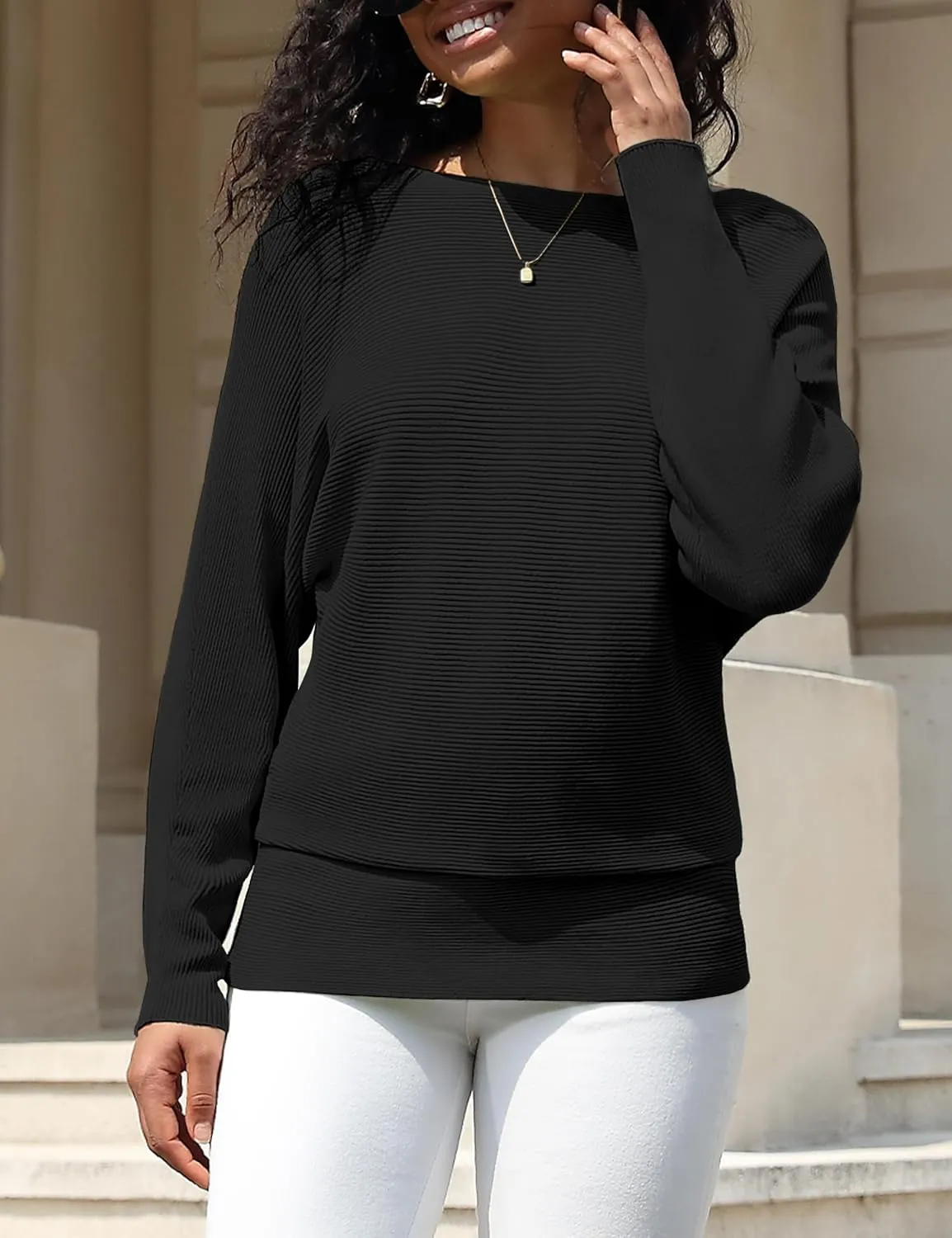 Women's Boat Neck Bat Sleeve Dolman Ribbed Knit Sweater Pullover Top