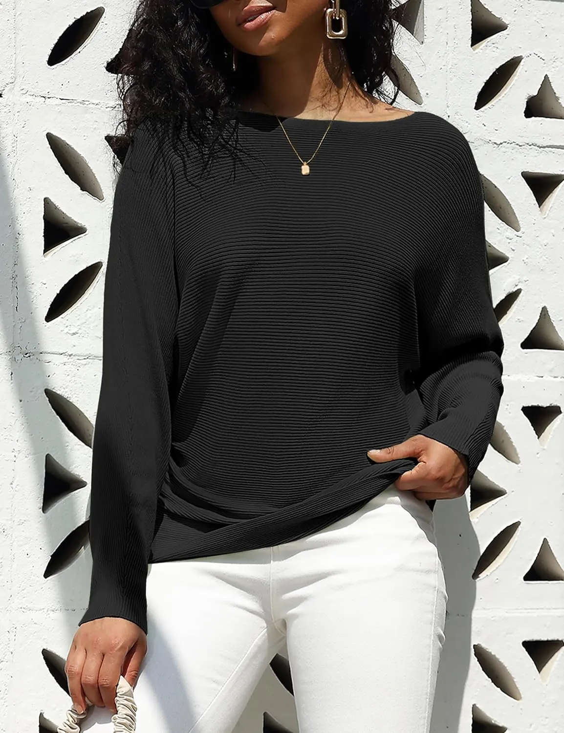 Women's Boat Neck Bat Sleeve Dolman Ribbed Knit Sweater Pullover Top