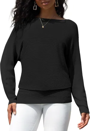 Women's Boat Neck Bat Sleeve Dolman Ribbed Knit Sweater Pullover Top