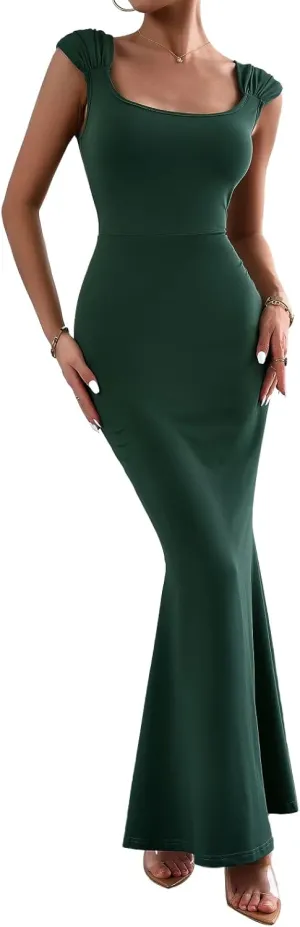 Women's Bodycon Maxi Dress 2025 Cap Sleeve Square Neck Sexy Formal Cocktail Wedding Party Long Dress