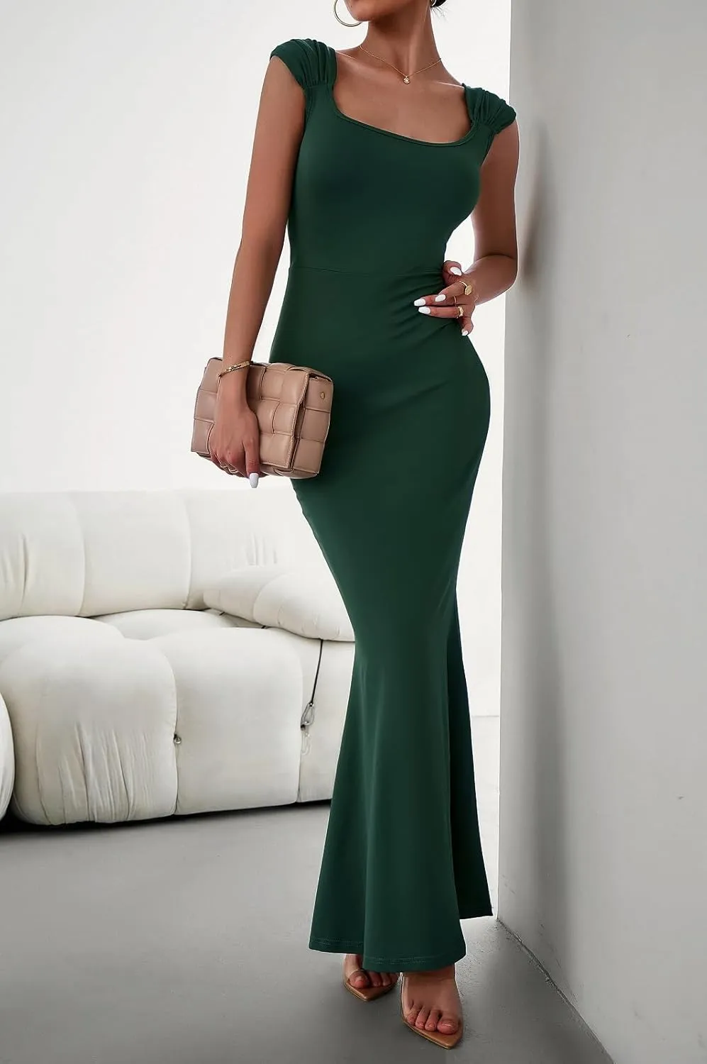 Women's Bodycon Maxi Dress 2025 Cap Sleeve Square Neck Sexy Formal Cocktail Wedding Party Long Dress