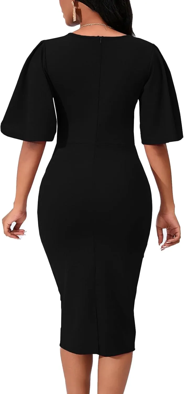 Womens Bodycon Ruffle Flared Short Sleeve Pencil Midi Dress