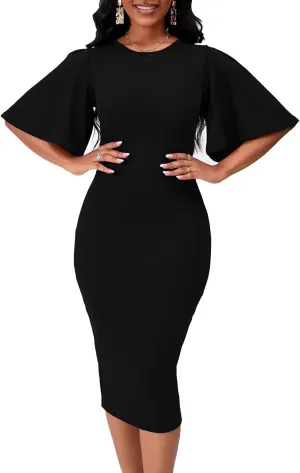 Womens Bodycon Ruffle Flared Short Sleeve Pencil Midi Dress
