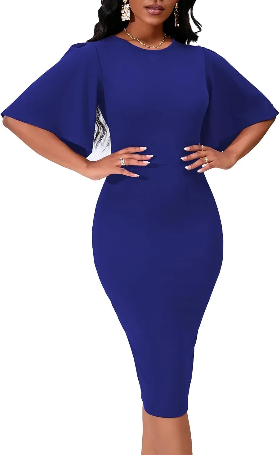 Womens Bodycon Ruffle Flared Short Sleeve Pencil Midi Dress