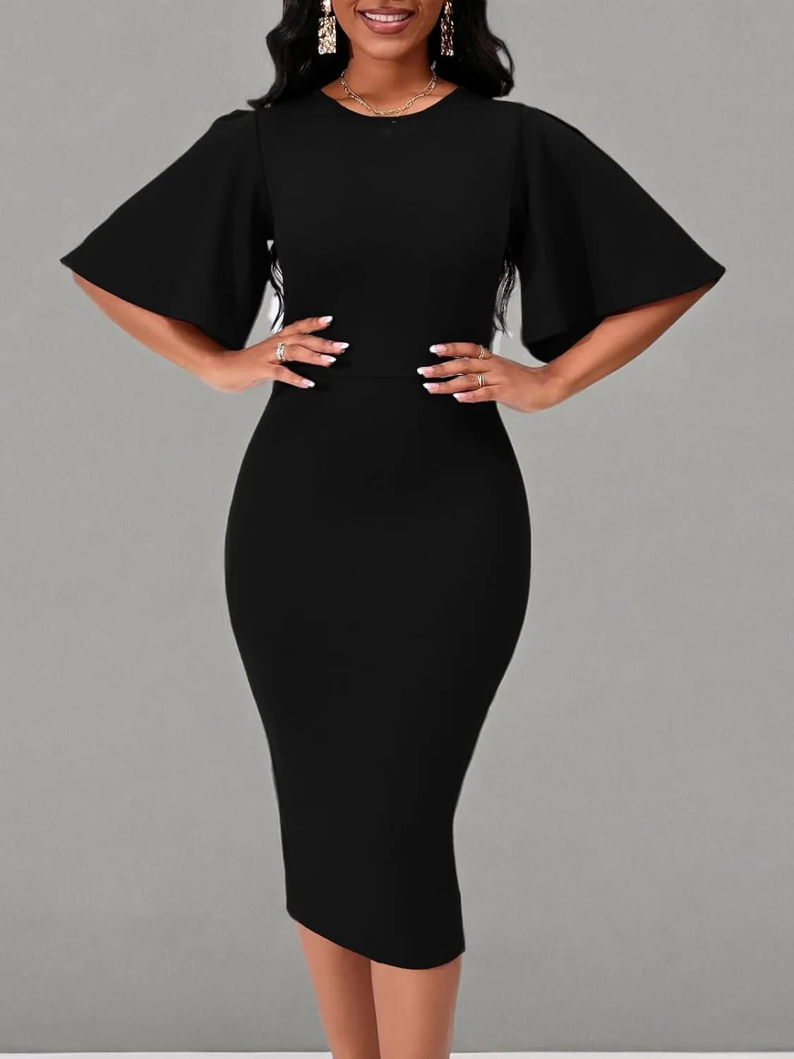 Womens Bodycon Ruffle Flared Short Sleeve Pencil Midi Dress