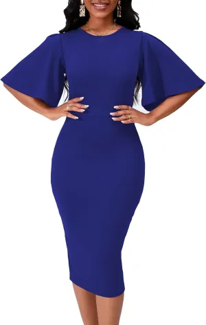 Womens Bodycon Ruffle Flared Short Sleeve Pencil Midi Dress