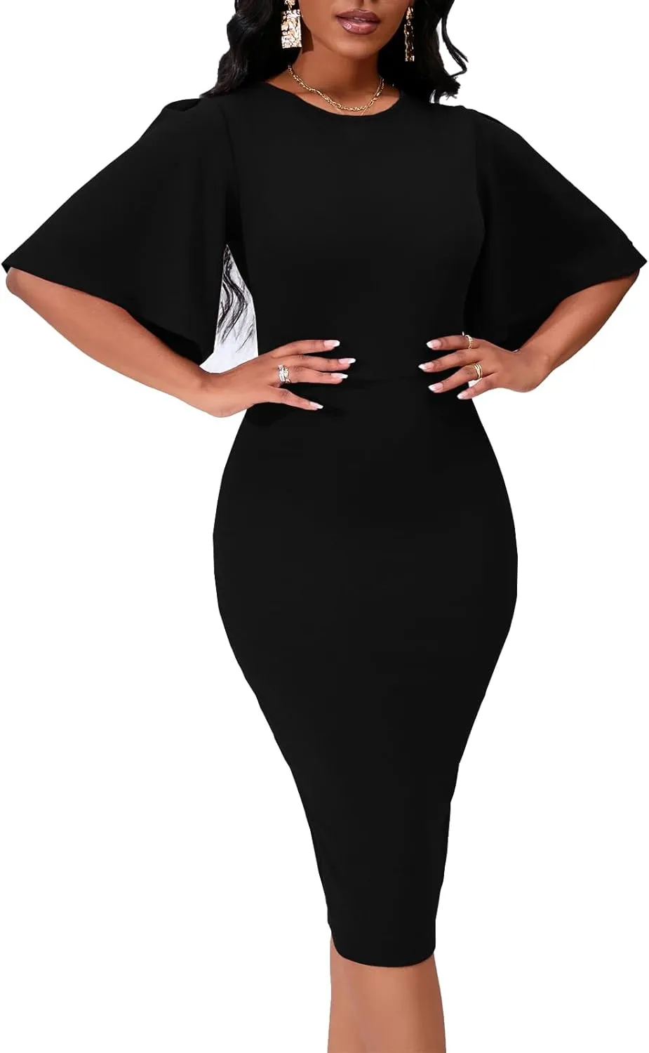 Womens Bodycon Ruffle Flared Short Sleeve Pencil Midi Dress
